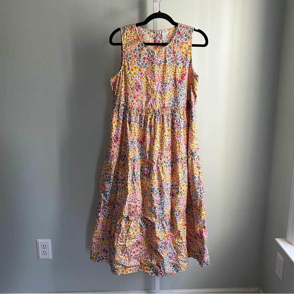 J. Crew Floral Tiered Midi Dress in Yellow and Pink